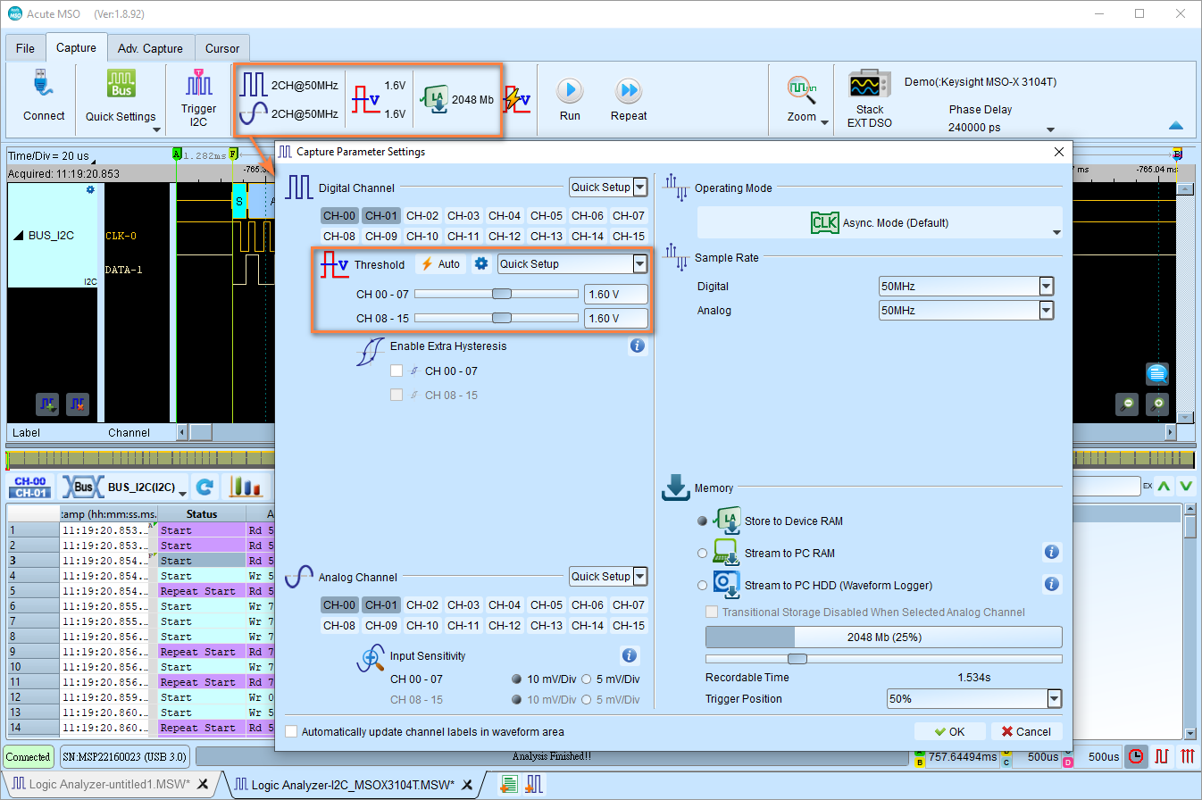 Threshold Settings dialog with Schmitt circuit mode