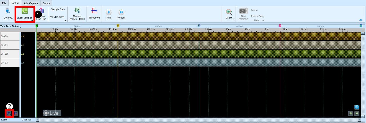 Menu with Quick Setting (1) and Add Protocol Decode (2) marked
