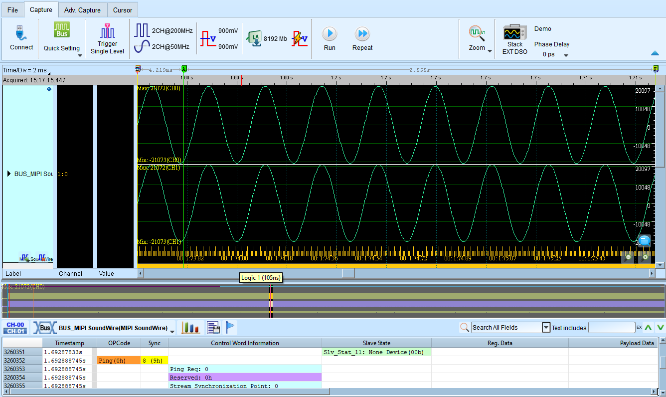 MIPI SoundWire audio-display view alongside the Control Word and Payload report