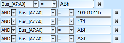 Per-channel logic, edge, and pattern comparison fields